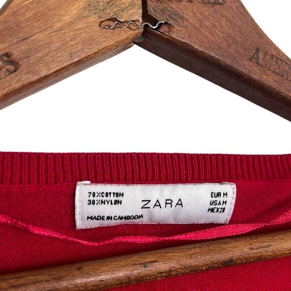 Zara V-Neck Knit Raglan Long Sleeve Cotton Blend Pullover Sweater Red Medium - Picture 5 of 8